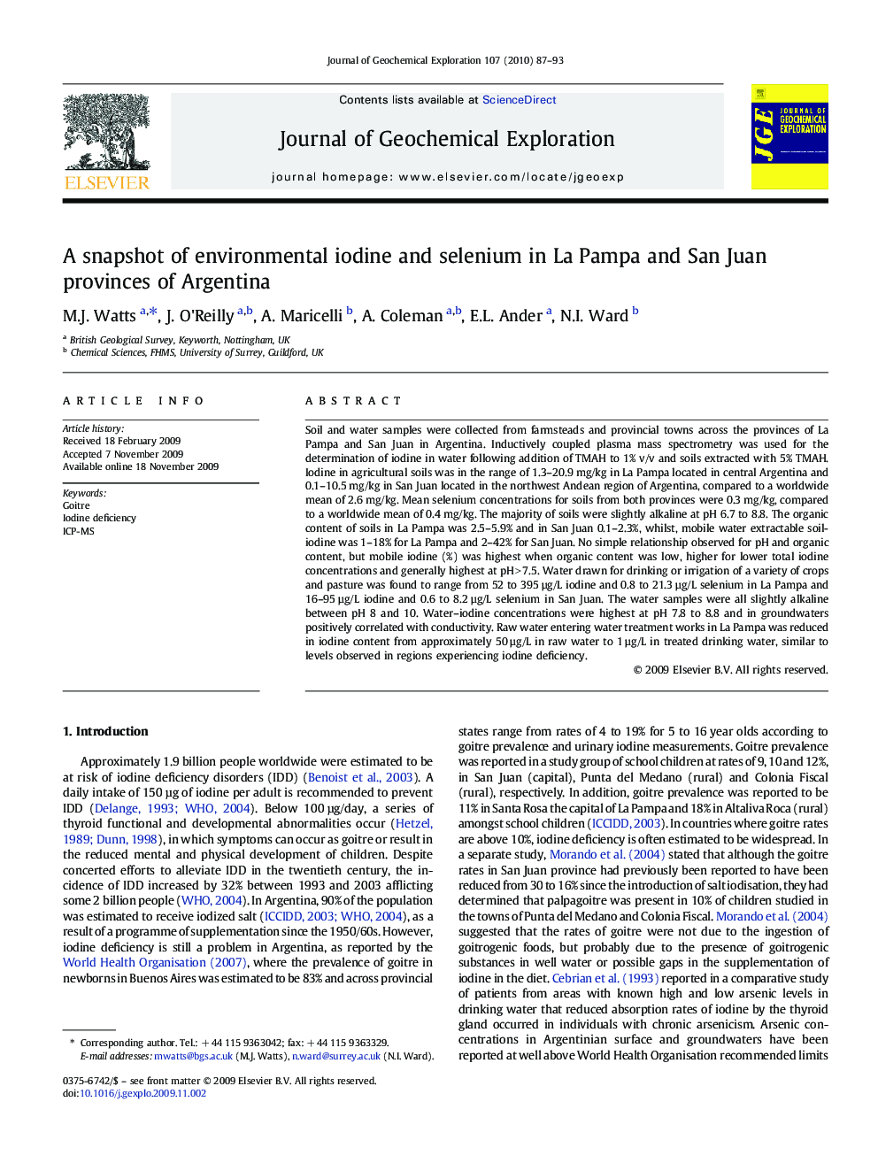 A snapshot of environmental iodine and selenium in La Pampa and San Juan provinces of Argentina