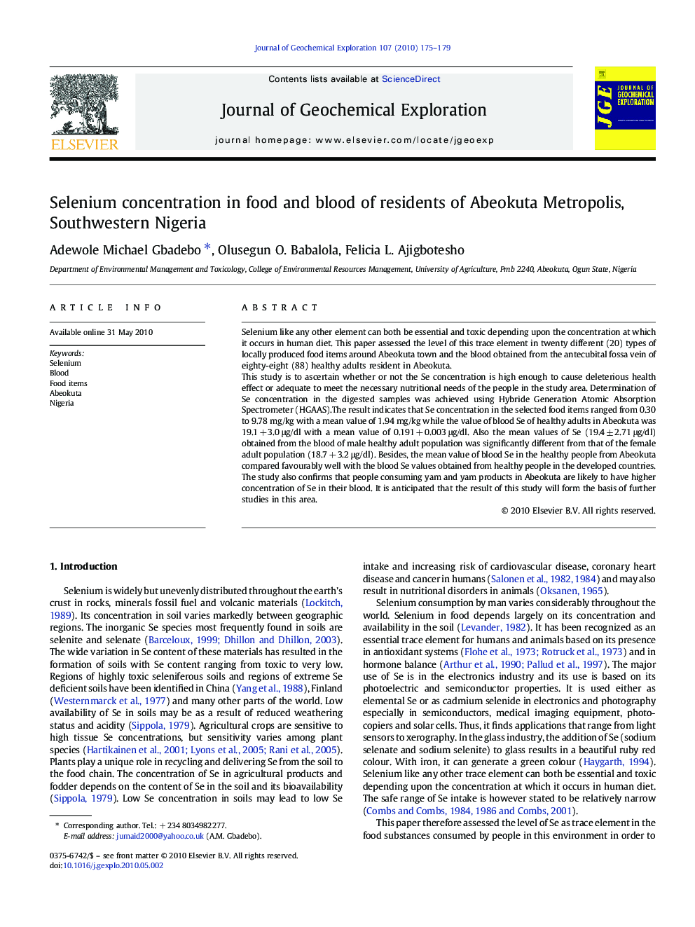 Selenium concentration in food and blood of residents of Abeokuta Metropolis, Southwestern Nigeria