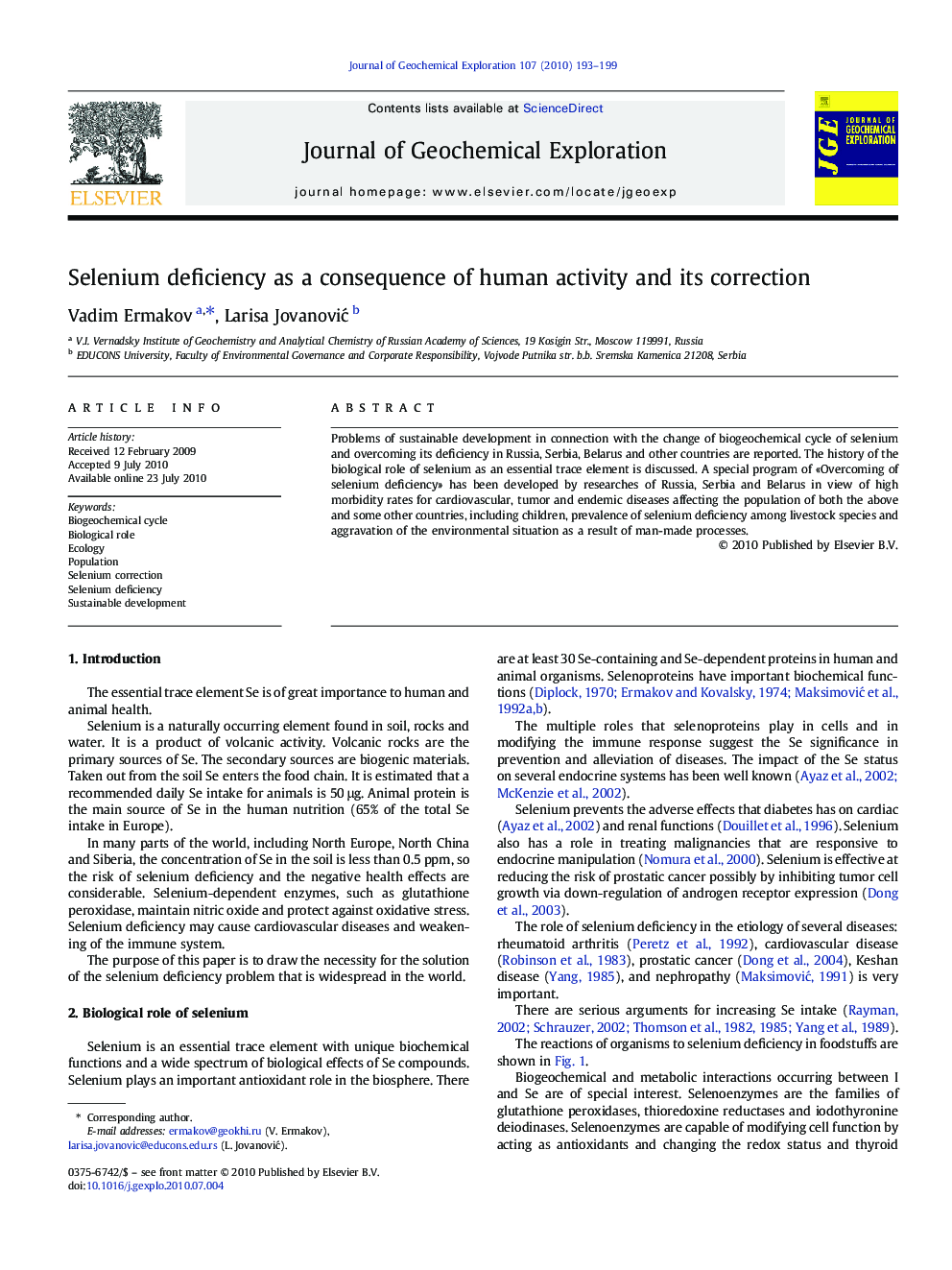 Selenium deficiency as a consequence of human activity and its correction