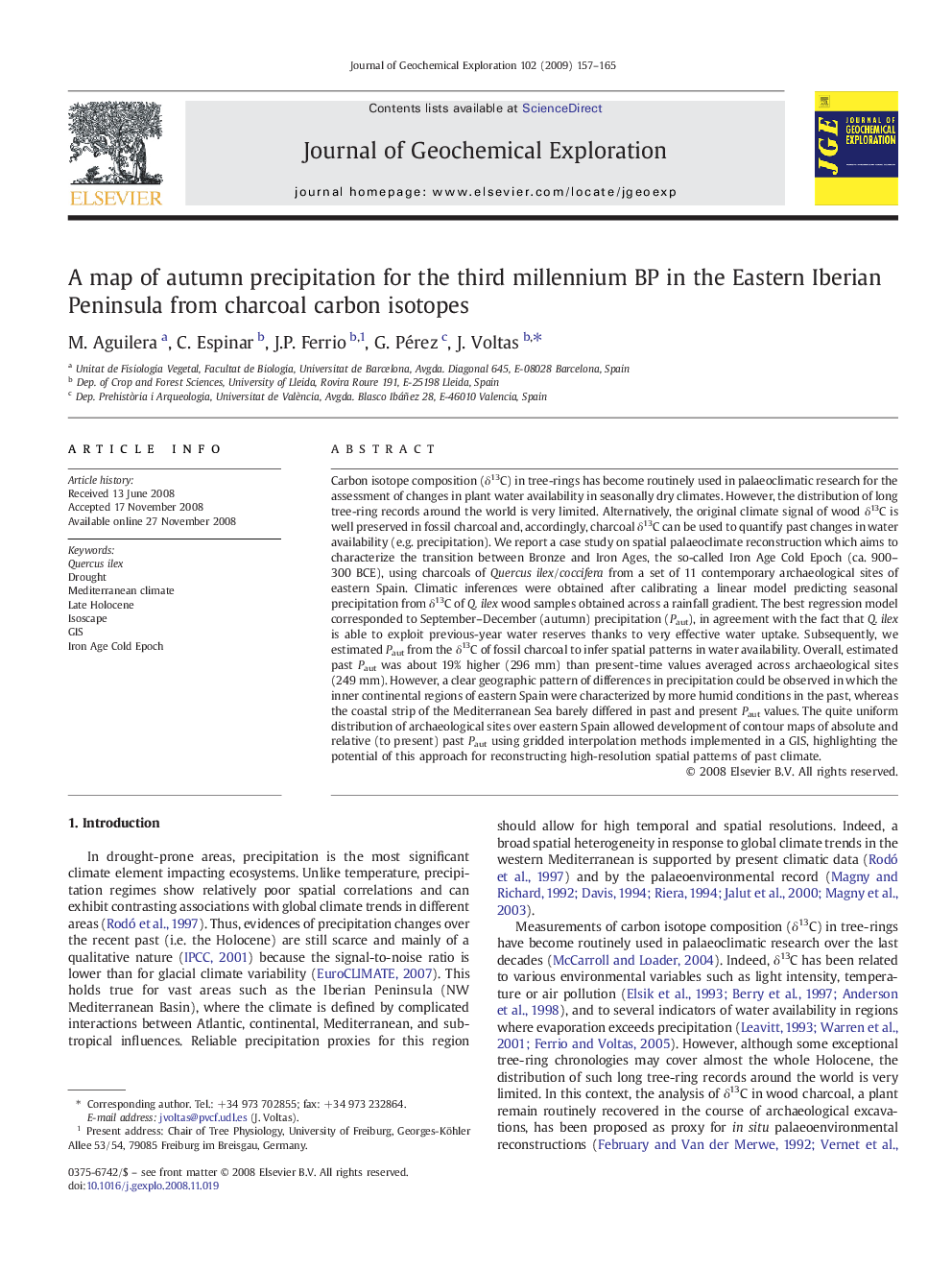 A map of autumn precipitation for the third millennium BP in the Eastern Iberian Peninsula from charcoal carbon isotopes