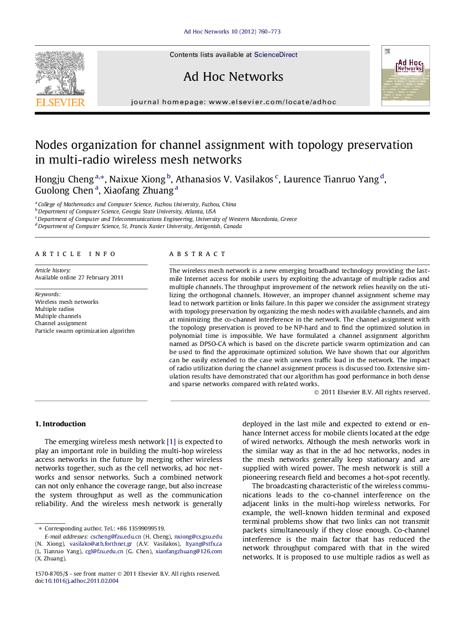 عکس صفحه اول مقاله: Nodes organization for channel assignment with topology preservation in multi-radio wireless mesh networks Nodes organization for channel assignment with topology preservation in multi-radio wireless mesh networks