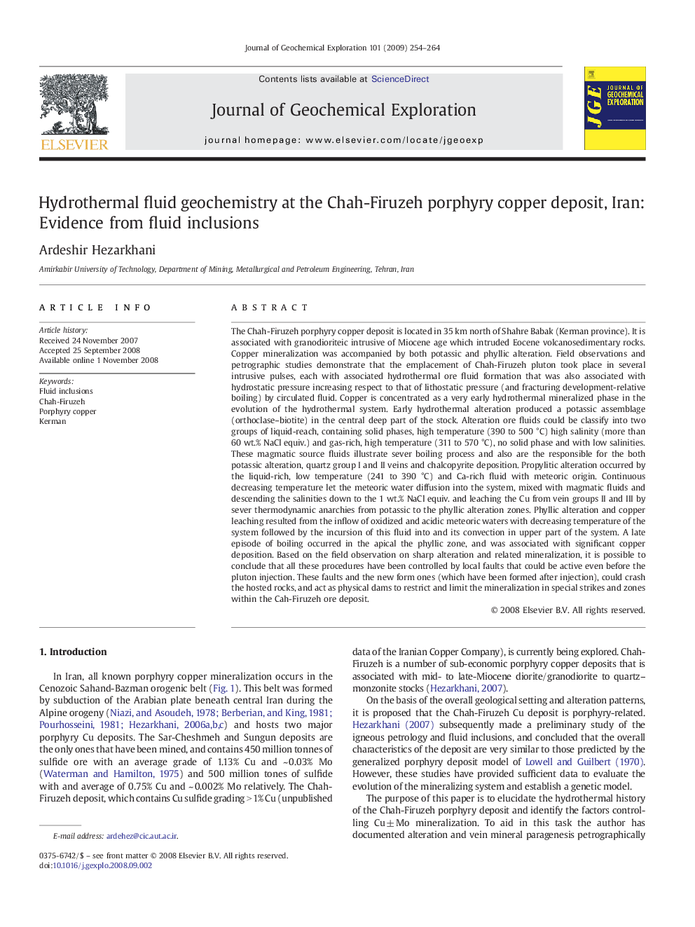 Hydrothermal fluid geochemistry at the Chah-Firuzeh porphyry copper deposit, Iran: Evidence from fluid inclusions