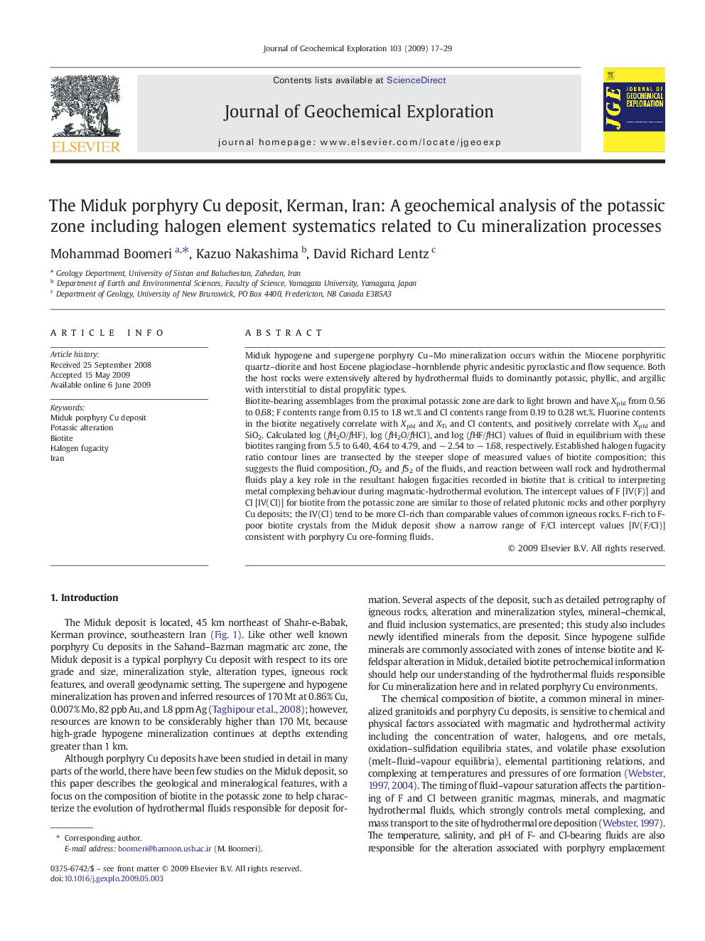 The Miduk porphyry Cu deposit, Kerman, Iran: A geochemical analysis of the potassic zone including halogen element systematics related to Cu mineralization processes