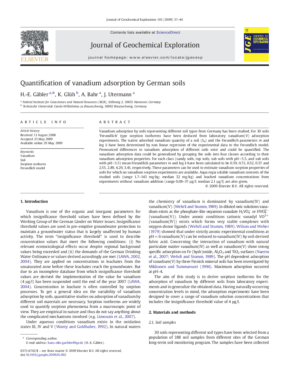 Quantification of vanadium adsorption by German soils