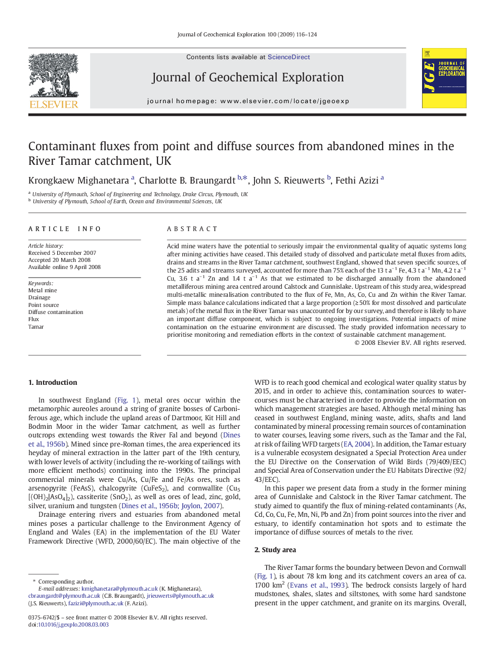 Contaminant fluxes from point and diffuse sources from abandoned mines in the River Tamar catchment, UK