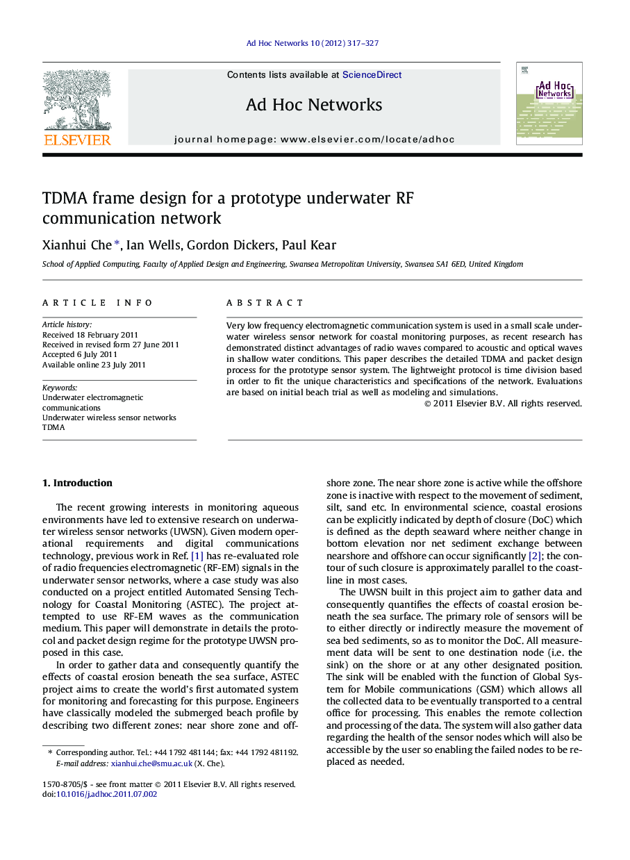 TDMA frame design for a prototype underwater RF communication network