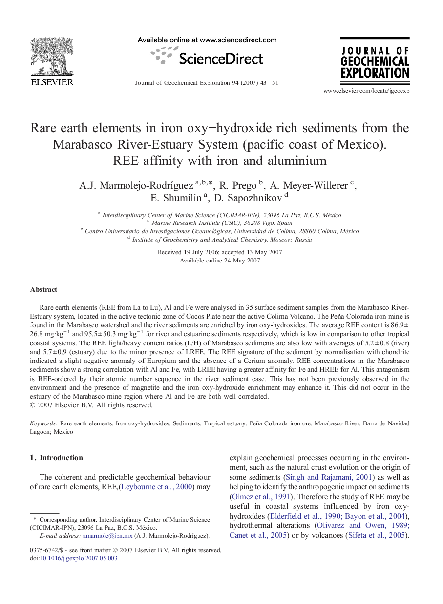 Rare earth elements in iron oxy−hydroxide rich sediments from the Marabasco River-Estuary System (pacific coast of Mexico). REE affinity with iron and aluminium