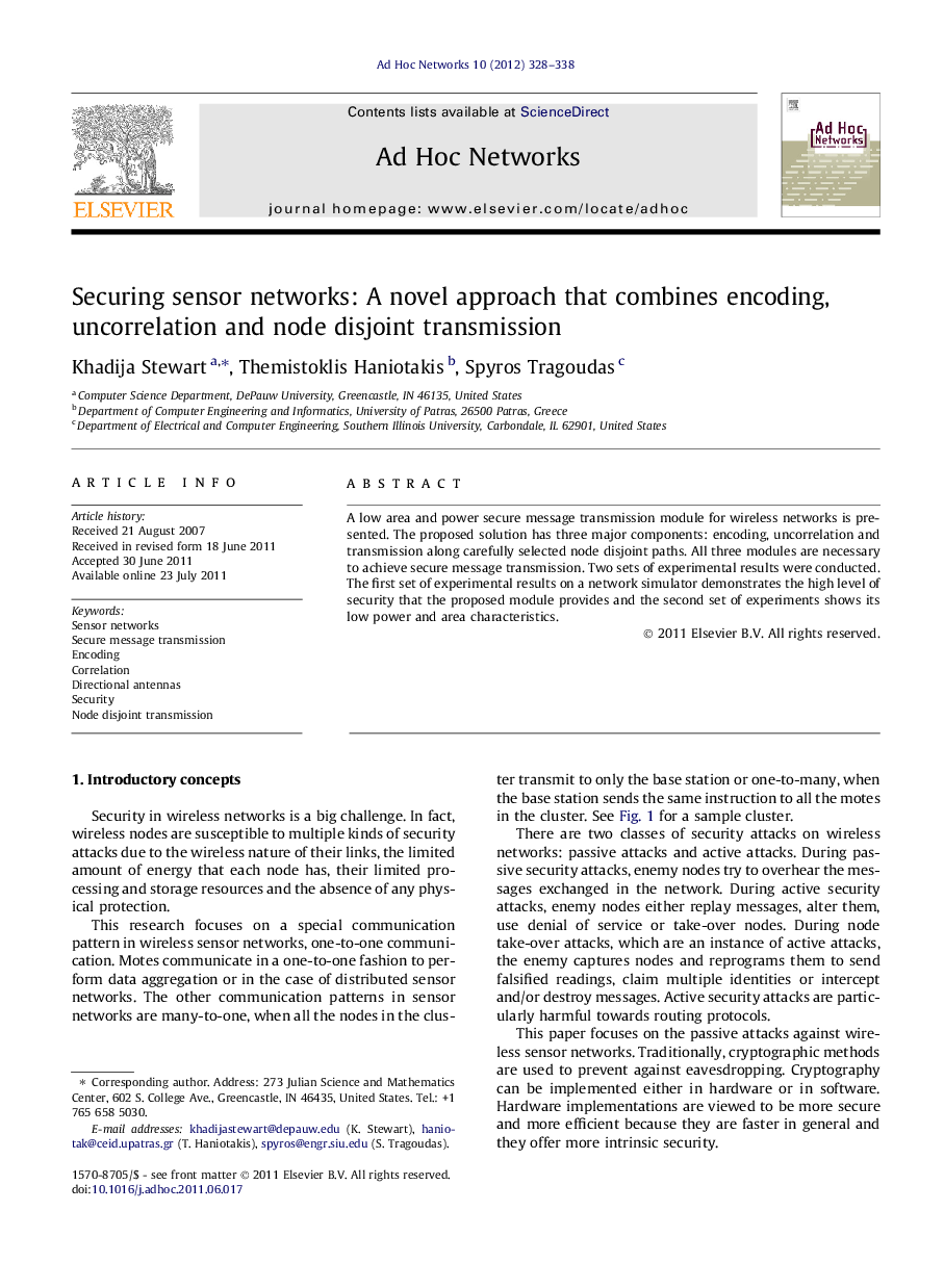 Securing sensor networks: A novel approach that combines encoding, uncorrelation and node disjoint transmission