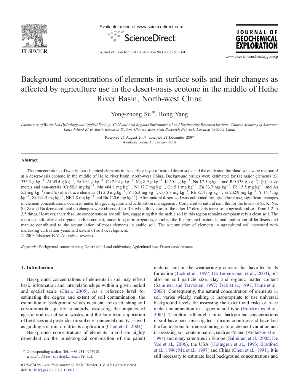 Background concentrations of elements in surface soils and their changes as affected by agriculture use in the desert-oasis ecotone in the middle of Heihe River Basin, North-west China