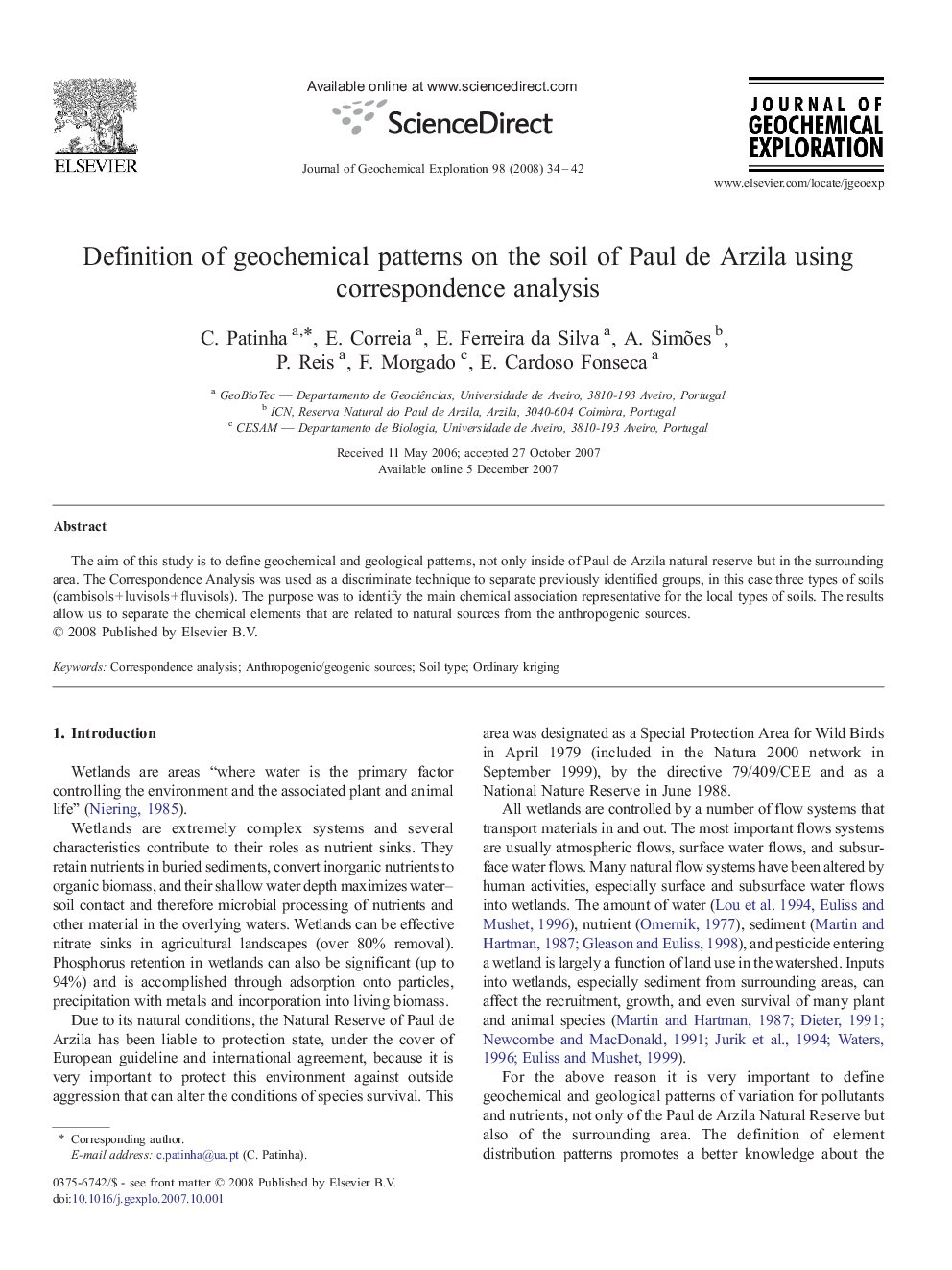 Definition of geochemical patterns on the soil of Paul de Arzila using correspondence analysis