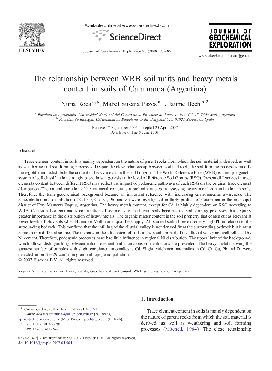 The relationship between WRB soil units and heavy metals content in soils of Catamarca (Argentina)