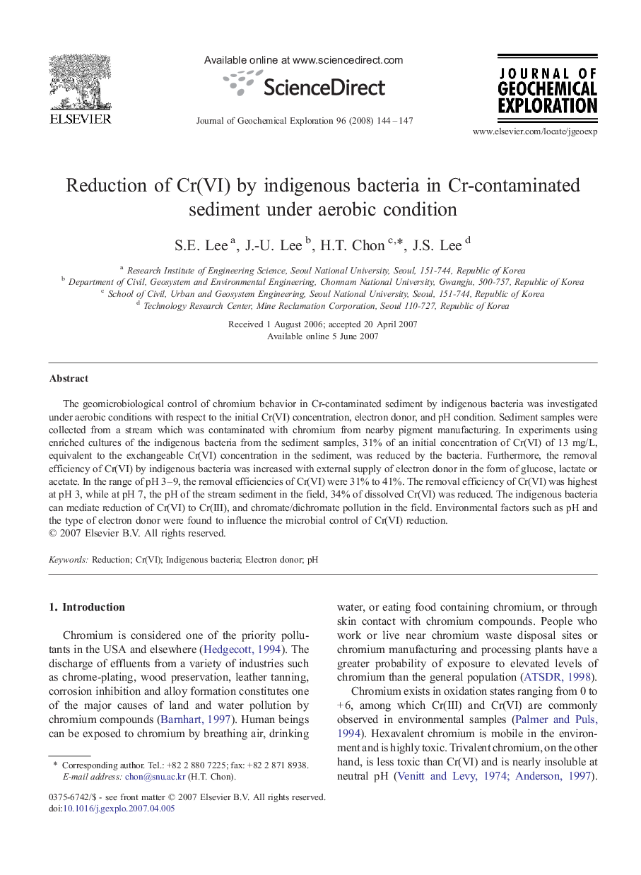 Reduction of Cr(VI) by indigenous bacteria in Cr-contaminated sediment under aerobic condition