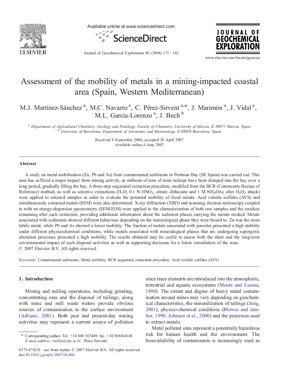 Assessment of the mobility of metals in a mining-impacted coastal area (Spain, Western Mediterranean)