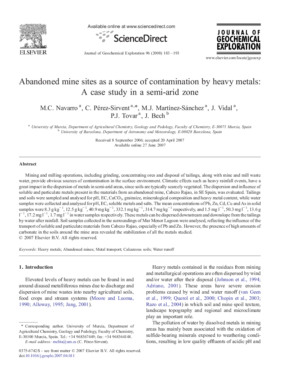 Abandoned mine sites as a source of contamination by heavy metals: A case study in a semi-arid zone