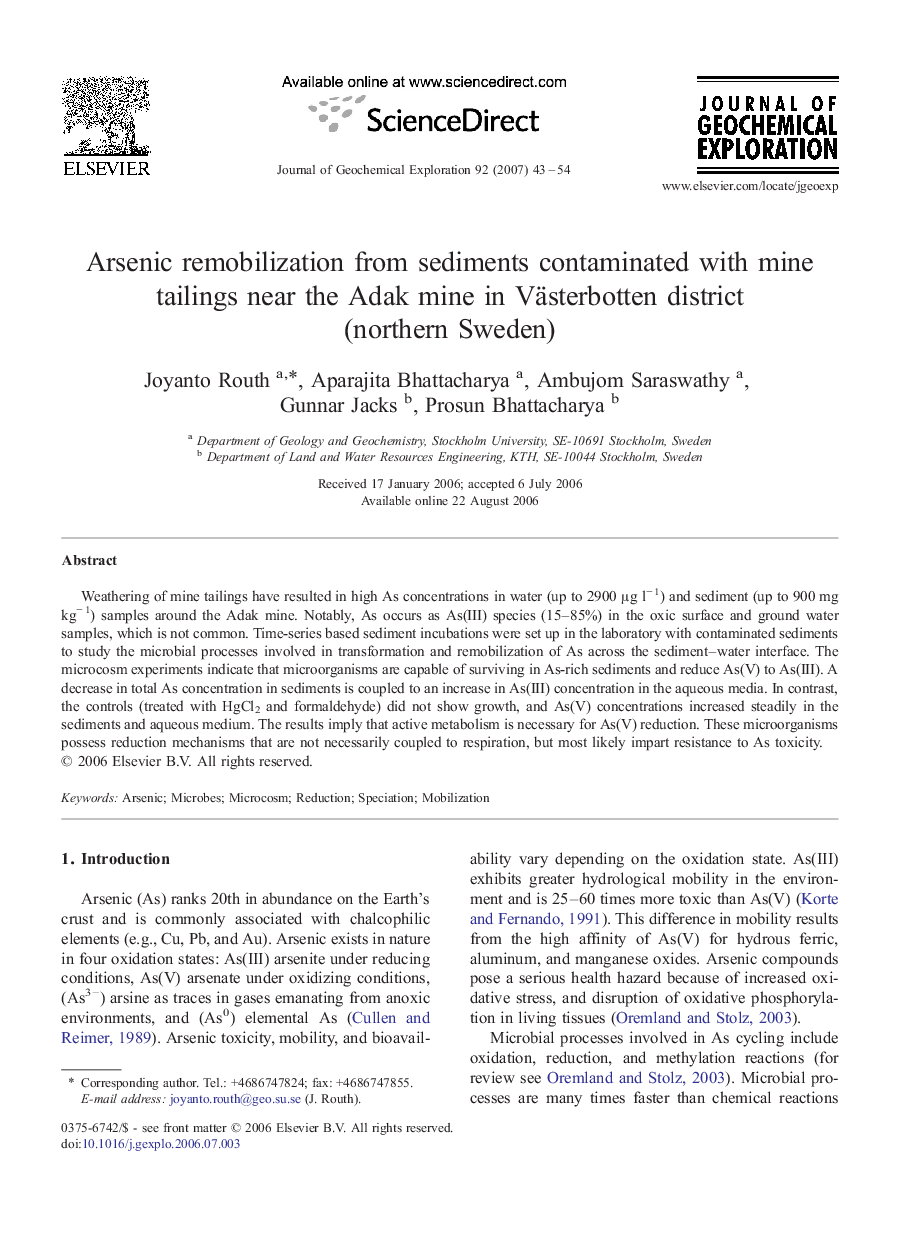 Arsenic remobilization from sediments contaminated with mine tailings near the Adak mine in Västerbotten district (northern Sweden)