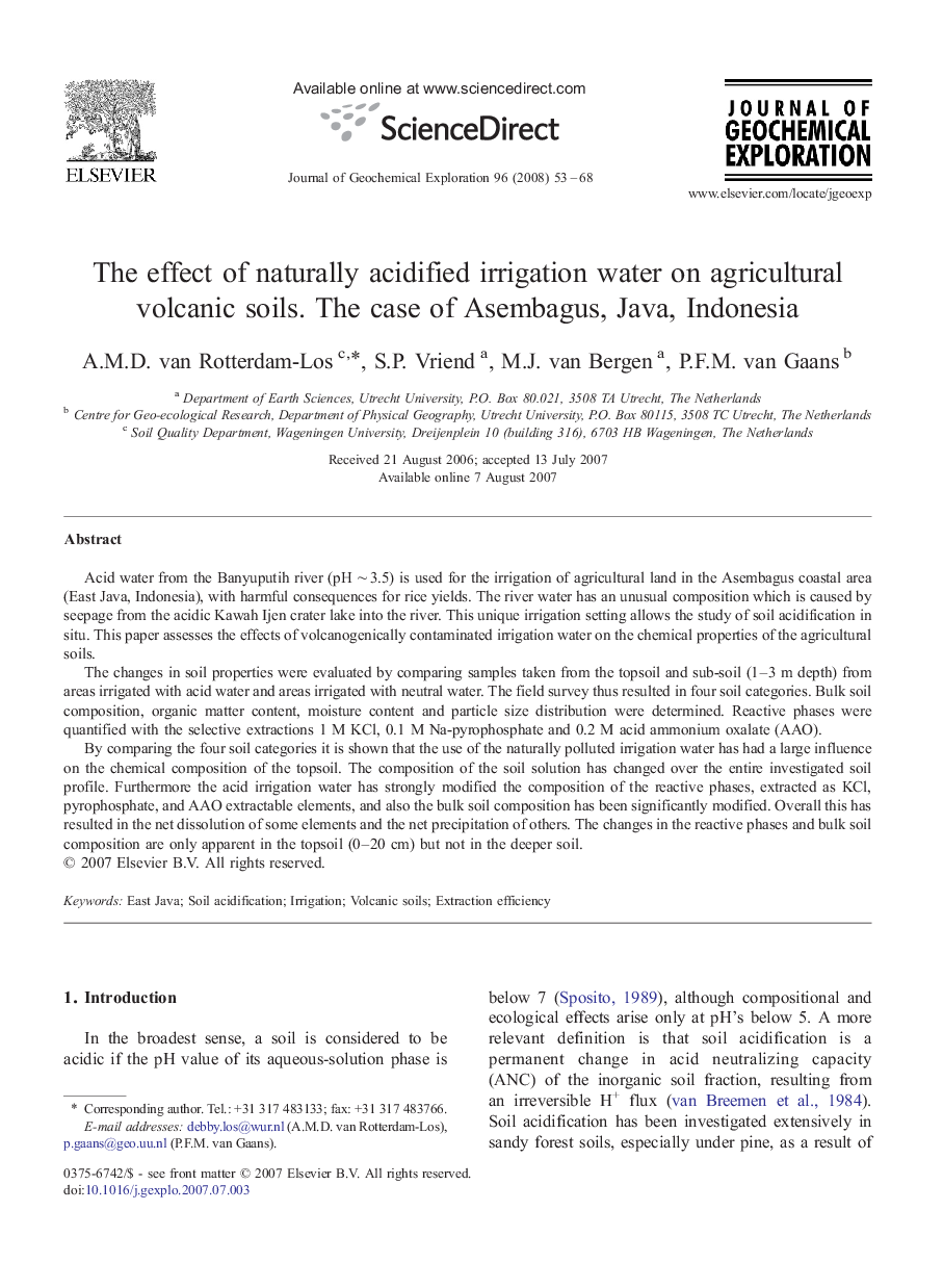 The effect of naturally acidified irrigation water on agricultural volcanic soils. The case of Asembagus, Java, Indonesia