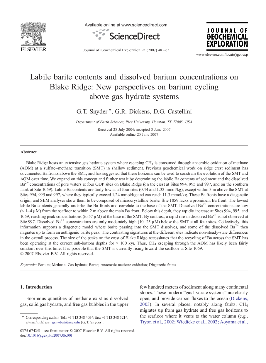 Labile barite contents and dissolved barium concentrations on Blake Ridge: New perspectives on barium cycling above gas hydrate systems