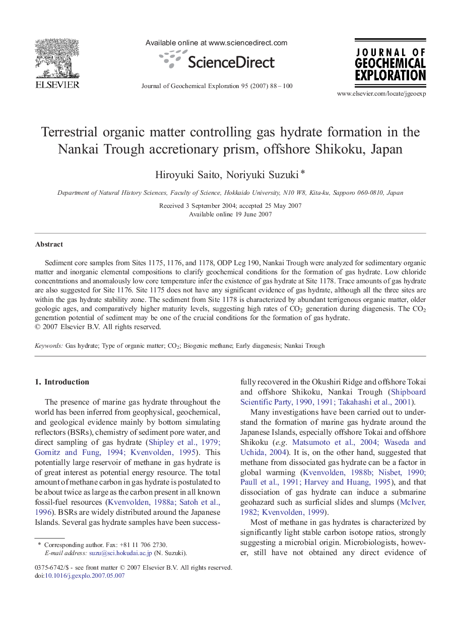 Terrestrial organic matter controlling gas hydrate formation in the Nankai Trough accretionary prism, offshore Shikoku, Japan