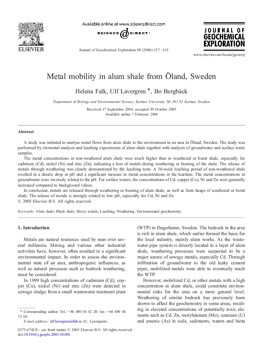 Metal mobility in alum shale from Öland, Sweden