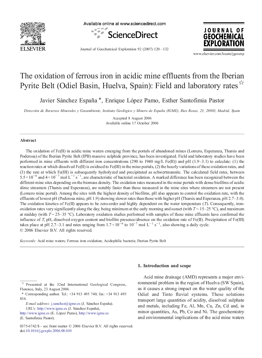 The oxidation of ferrous iron in acidic mine effluents from the Iberian Pyrite Belt (Odiel Basin, Huelva, Spain): Field and laboratory rates 