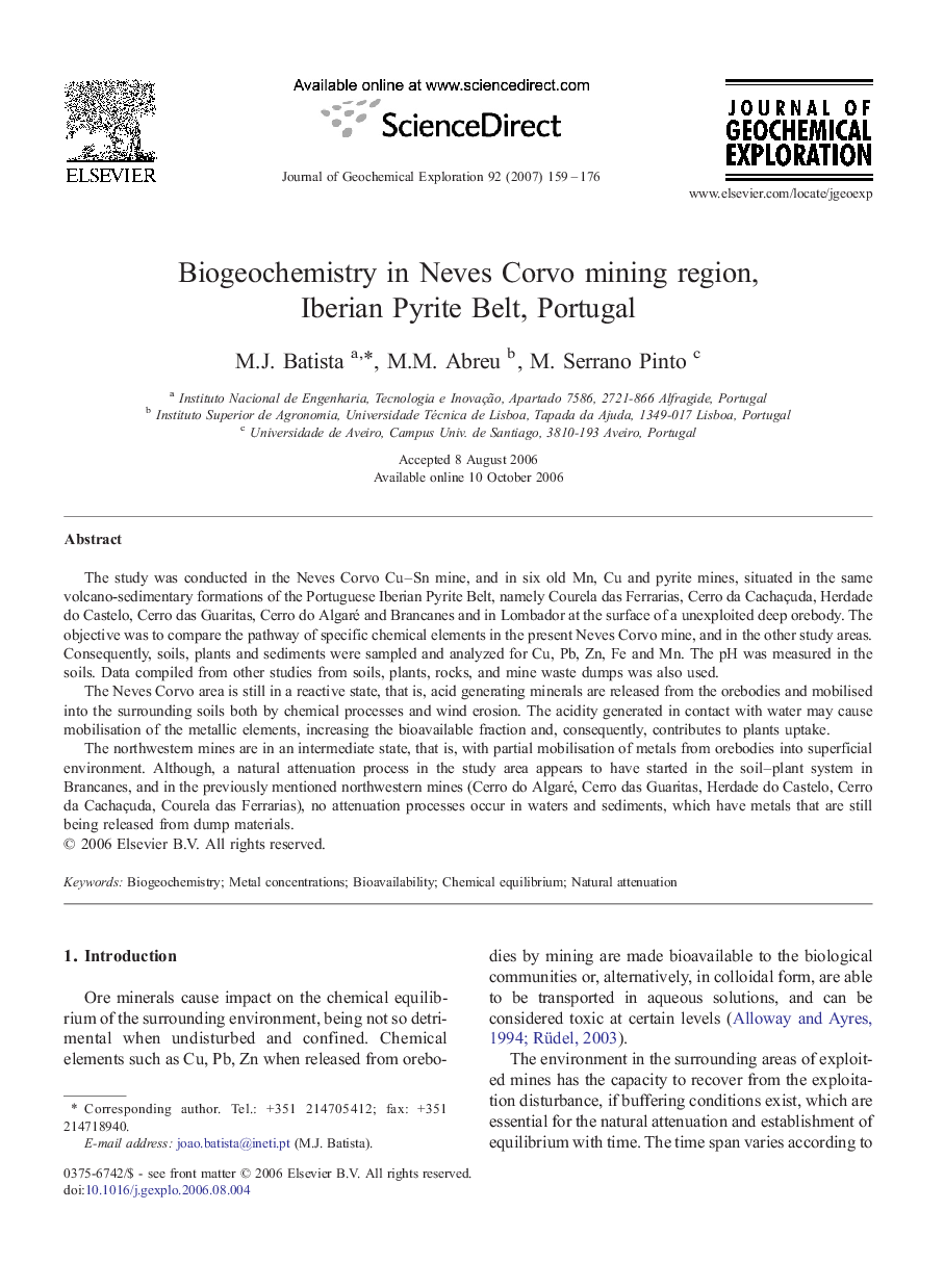 عکس صفحه اول مقاله: Biogeochemistry in Neves Corvo mining region, Iberian Pyrite Belt, Portugal Biogeochemistry in Neves Corvo mining region, Iberian Pyrite Belt, Portugal