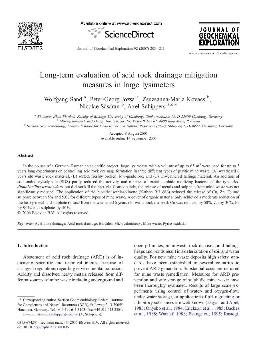 Long-term evaluation of acid rock drainage mitigation measures in large lysimeters