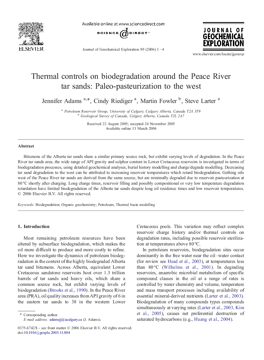 Thermal controls on biodegradation around the Peace River tar sands: Paleo-pasteurization to the west