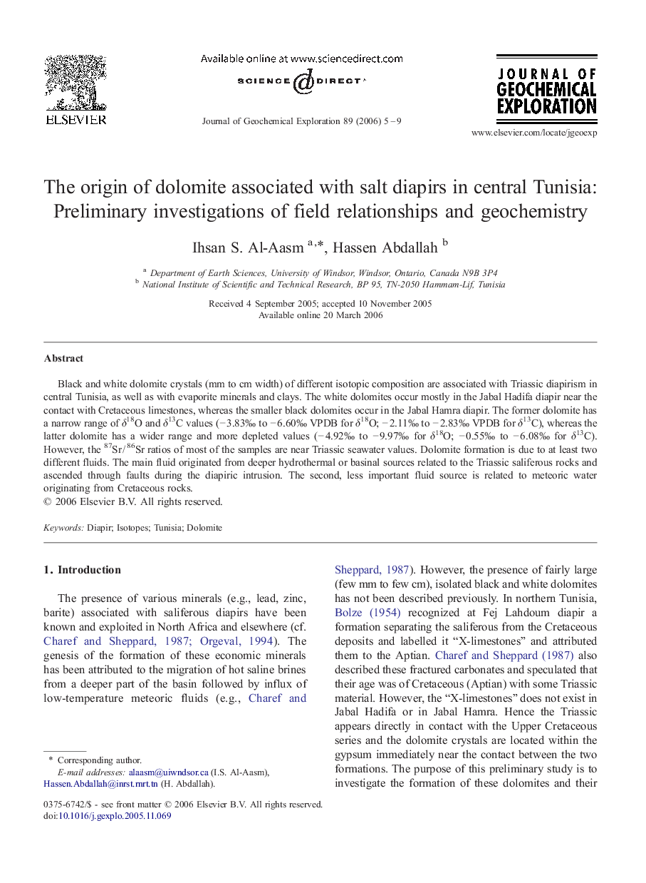 The origin of dolomite associated with salt diapirs in central Tunisia: Preliminary investigations of field relationships and geochemistry