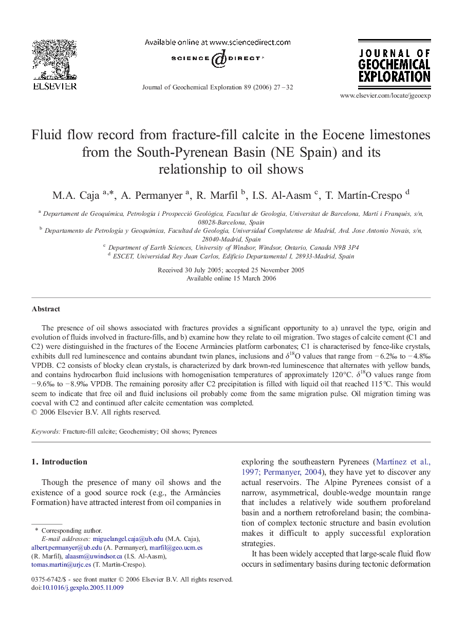 Fluid flow record from fracture-fill calcite in the Eocene limestones from the South-Pyrenean Basin (NE Spain) and its relationship to oil shows