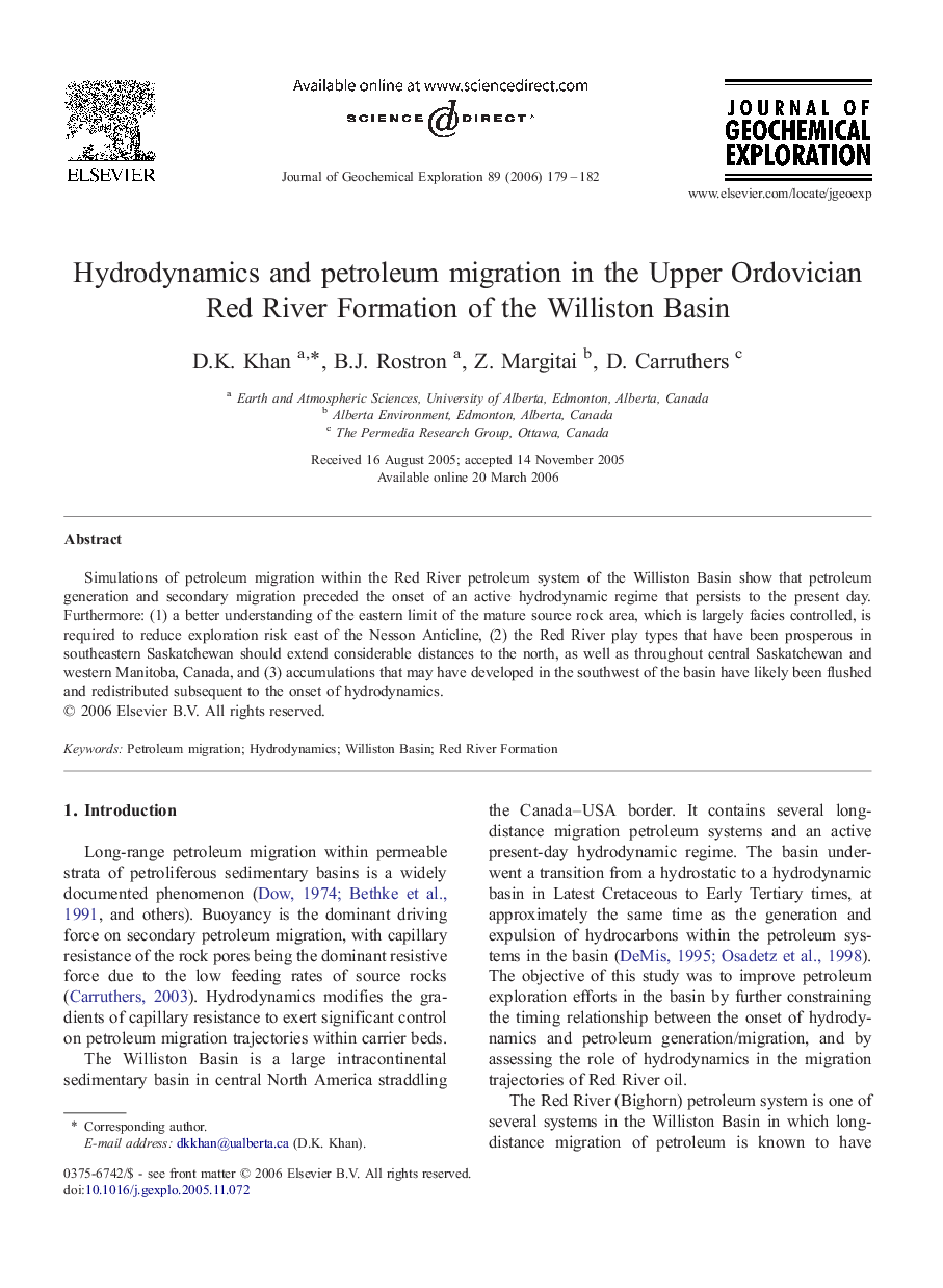 Hydrodynamics and petroleum migration in the Upper Ordovician Red River Formation of the Williston Basin