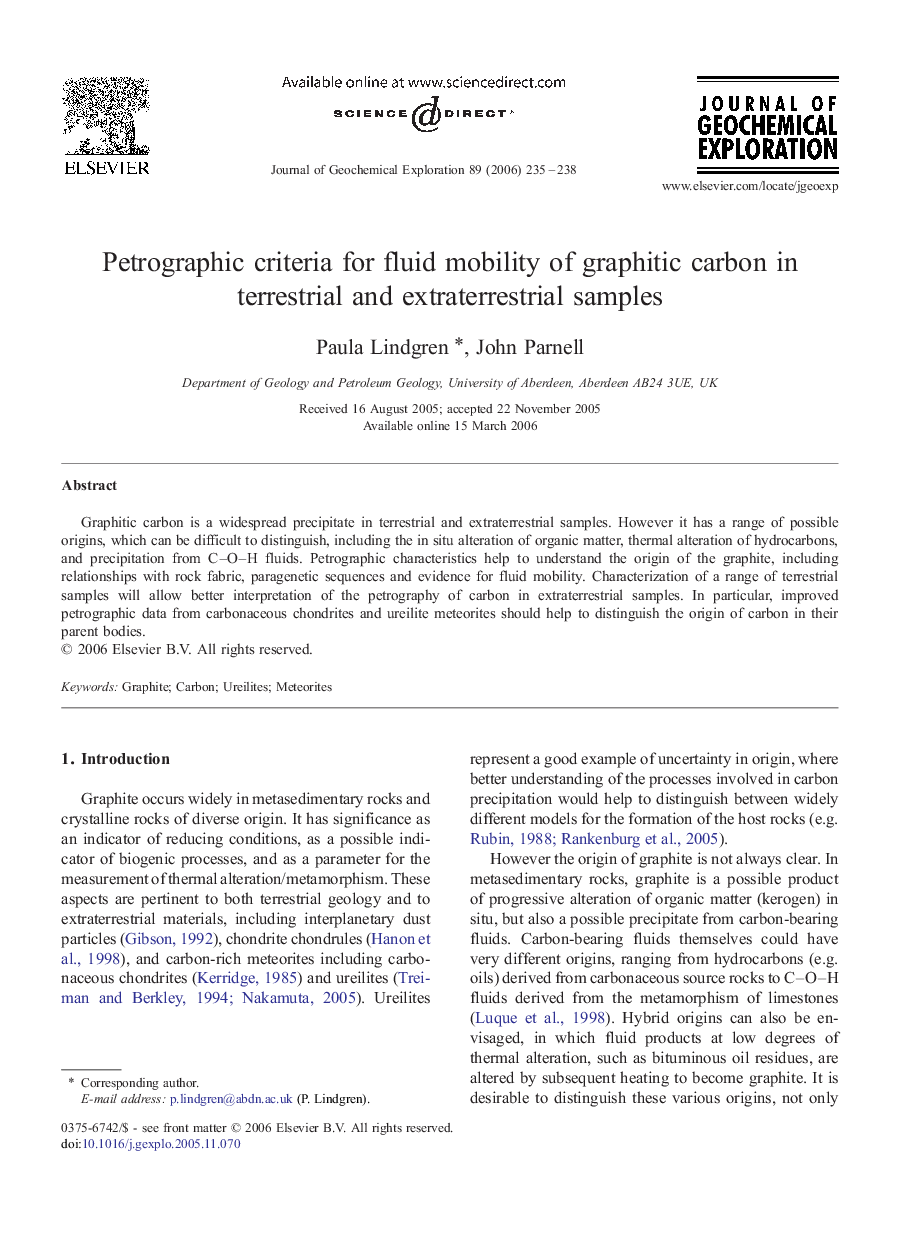 Petrographic criteria for fluid mobility of graphitic carbon in terrestrial and extraterrestrial samples