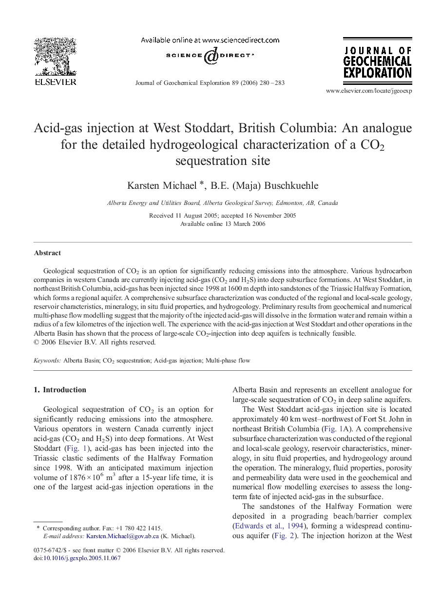 Acid-gas injection at West Stoddart, British Columbia: An analogue for the detailed hydrogeological characterization of a CO2 sequestration site