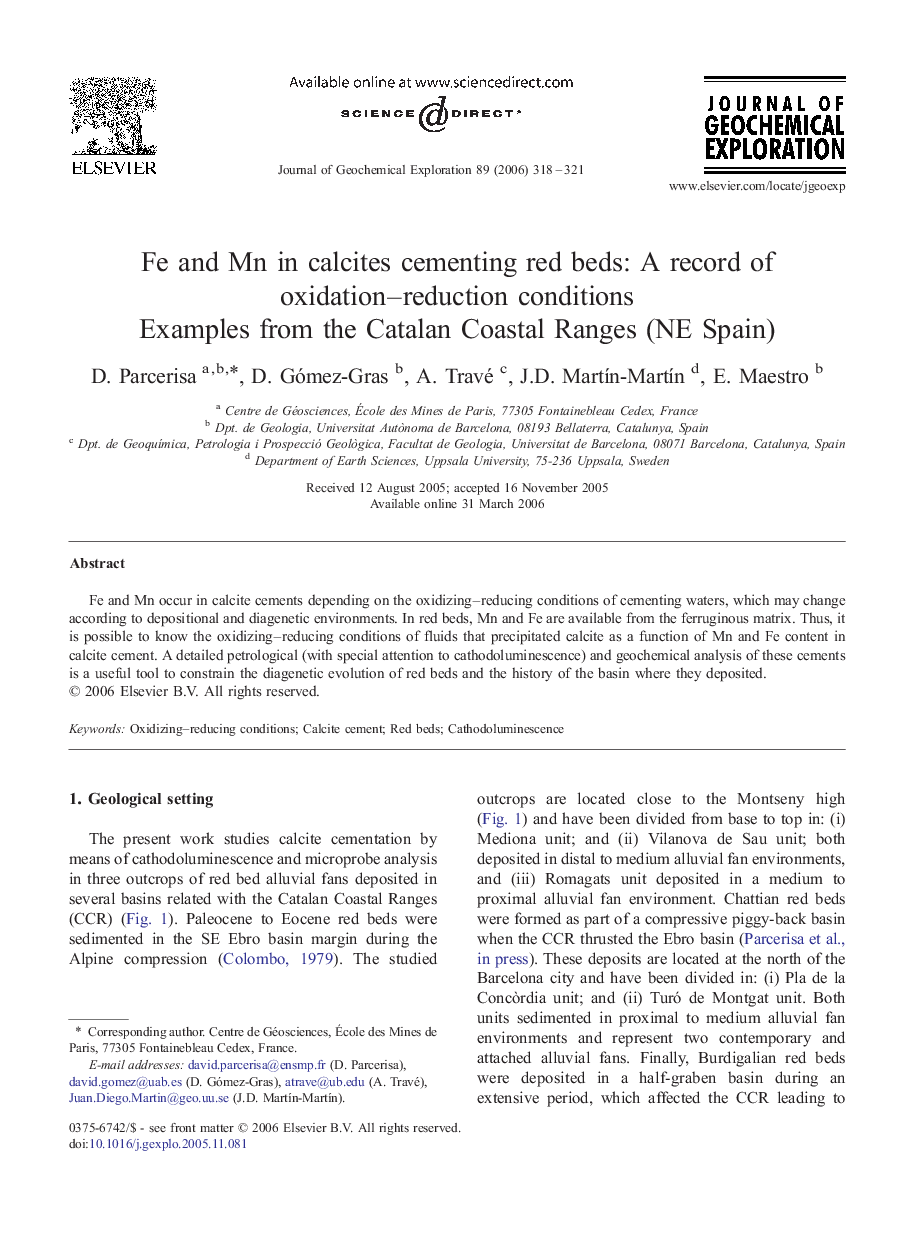 Fe and Mn in calcites cementing red beds: A record of oxidation–reduction conditions: Examples from the Catalan Coastal Ranges (NE Spain)