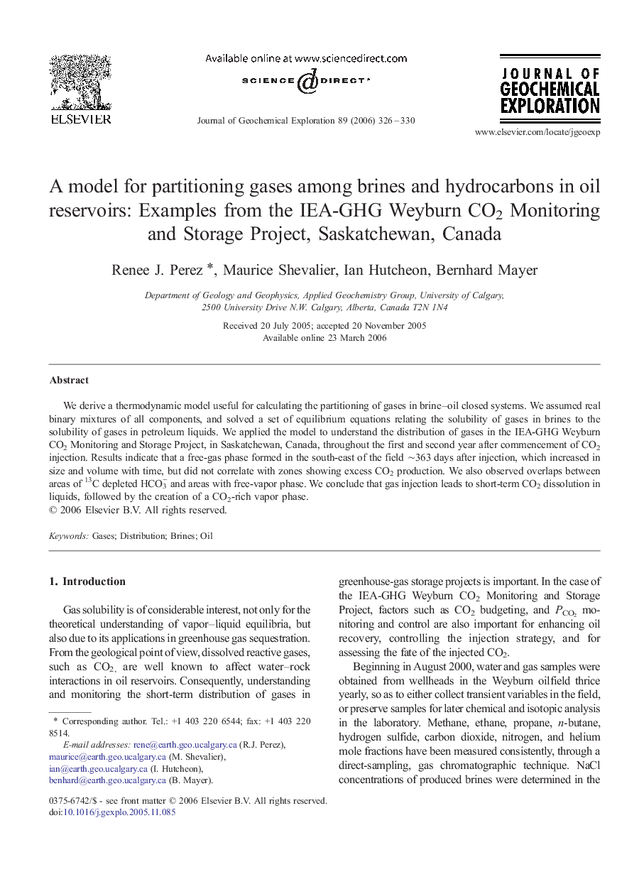 A model for partitioning gases among brines and hydrocarbons in oil reservoirs: Examples from the IEA-GHG Weyburn CO2 Monitoring and Storage Project, Saskatchewan, Canada