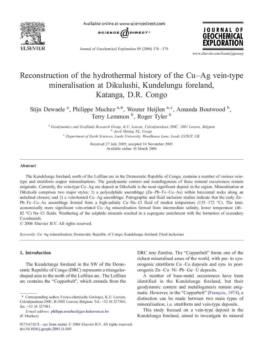 Reconstruction of the hydrothermal history of the Cu–Ag vein-type mineralisation at Dikulushi, Kundelungu foreland, Katanga, D.R. Congo
