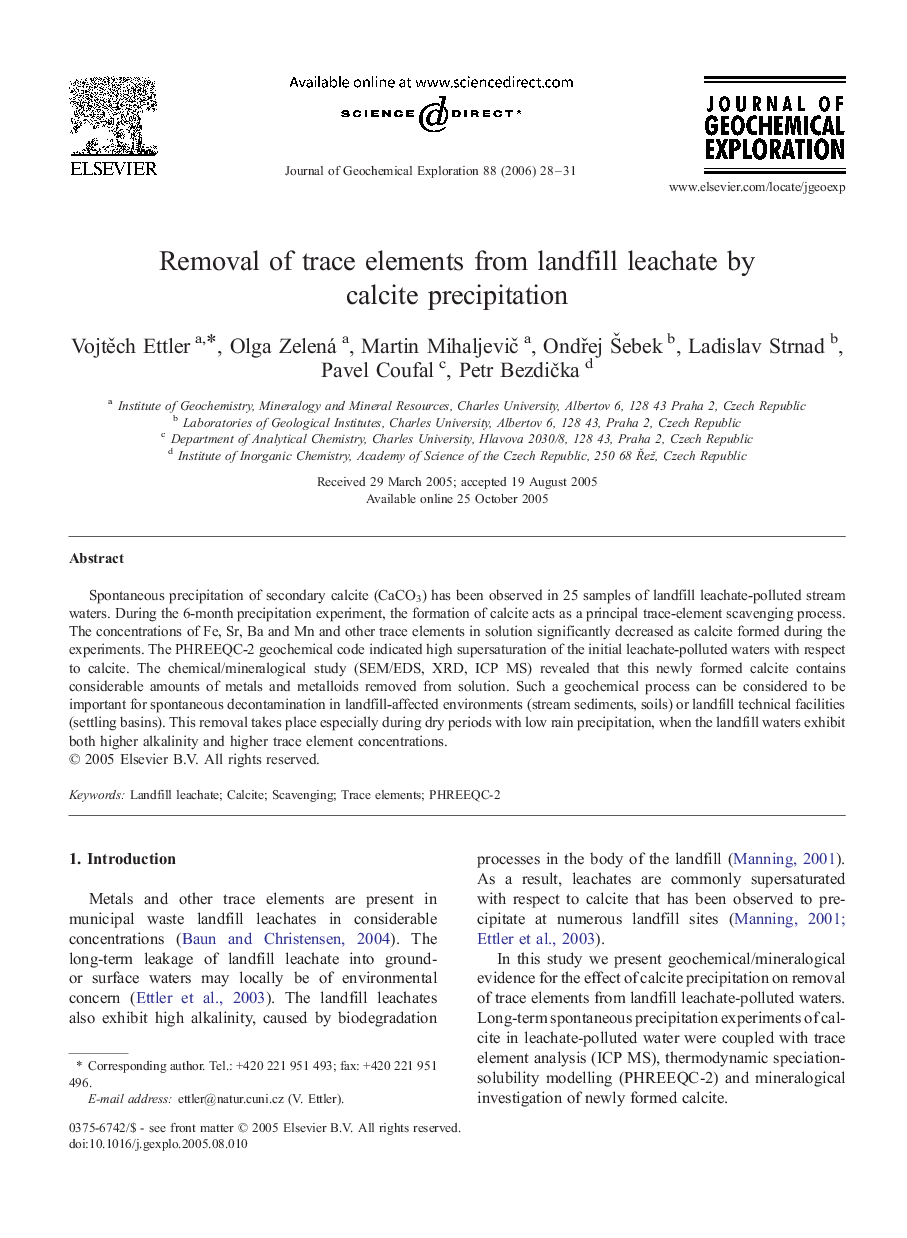 Removal of trace elements from landfill leachate by calcite precipitation