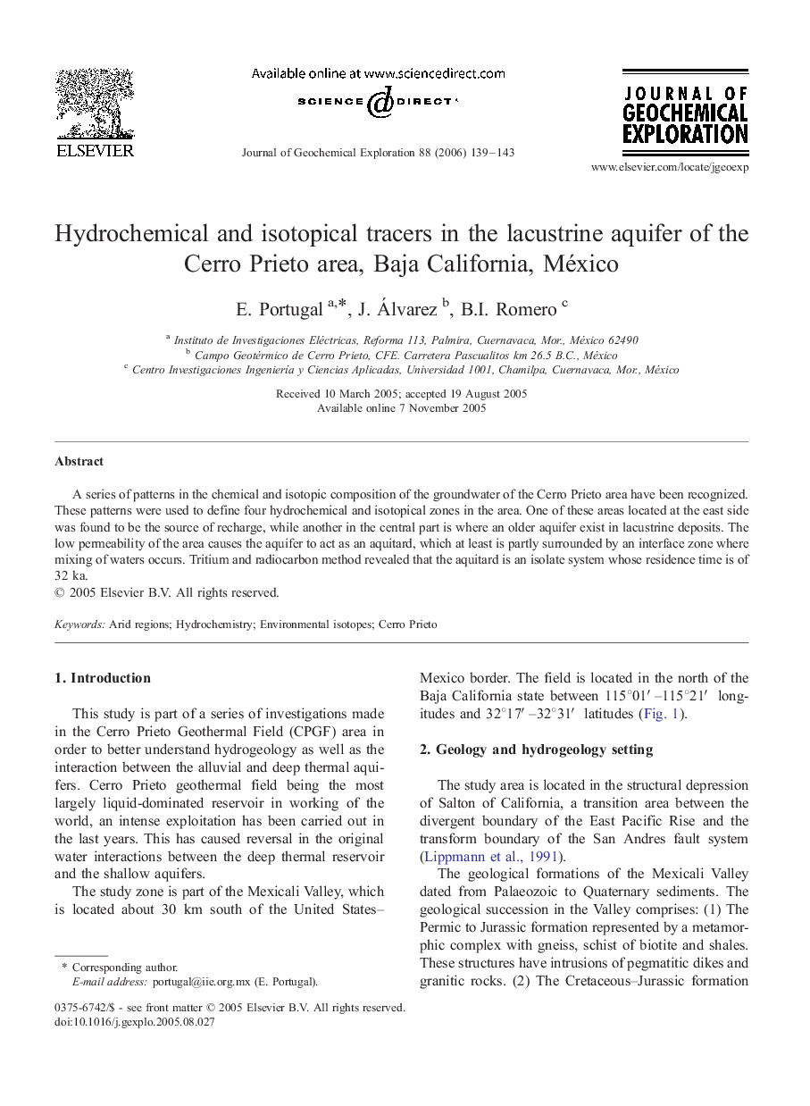 Hydrochemical and isotopical tracers in the lacustrine aquifer of the Cerro Prieto area, Baja California, México