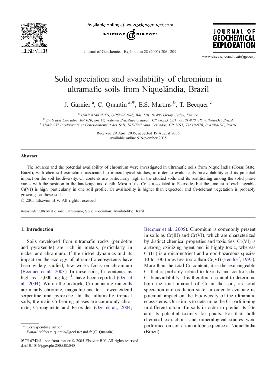 Solid speciation and availability of chromium in ultramafic soils from Niquelândia, Brazil