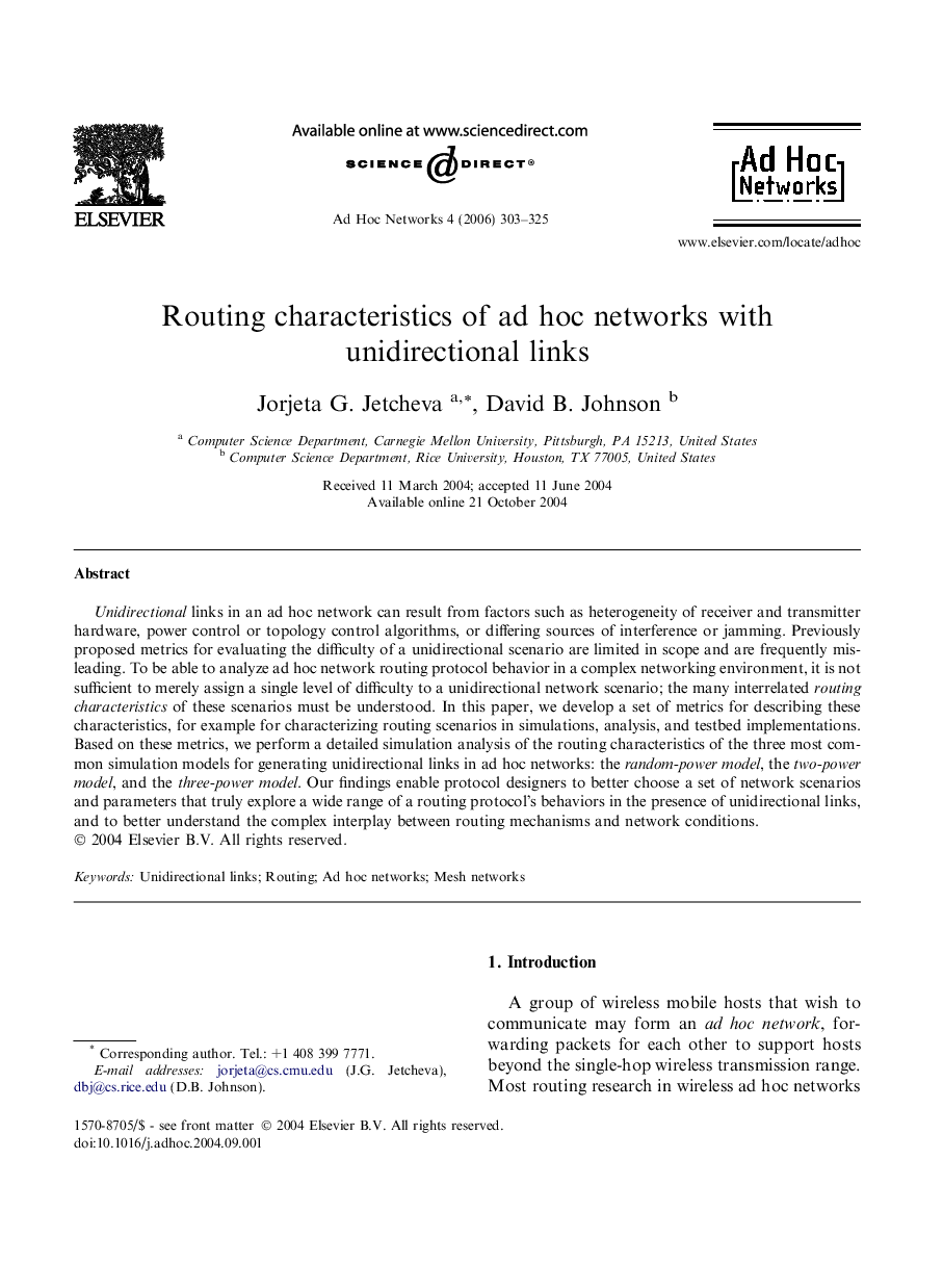 Routing characteristics of ad hoc networks with unidirectional links