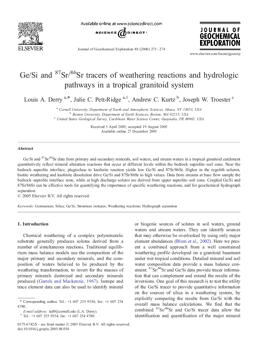 Ge/Si and 87Sr/86Sr tracers of weathering reactions and hydrologic pathways in a tropical granitoid system