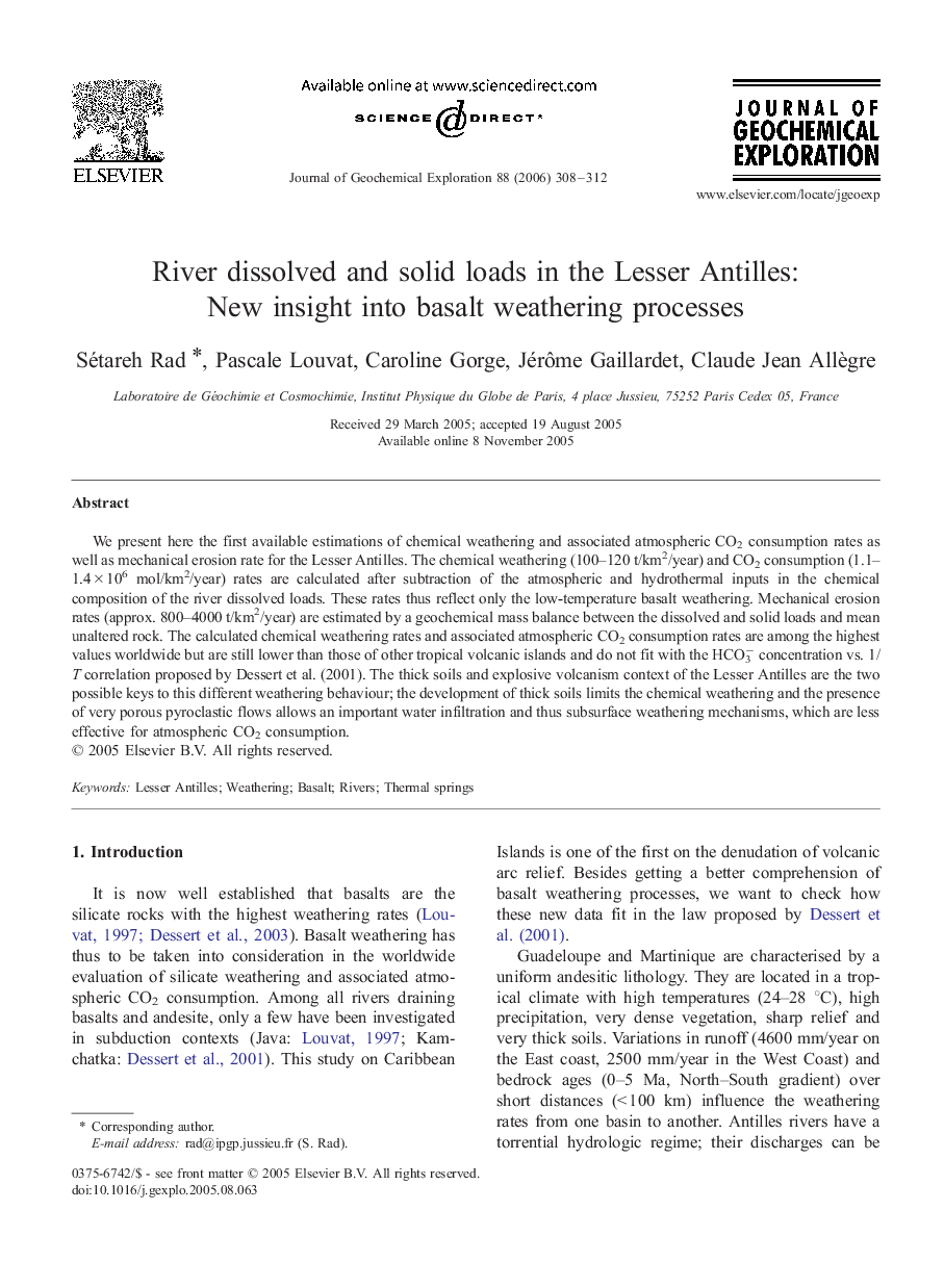 River dissolved and solid loads in the Lesser Antilles: New insight into basalt weathering processes