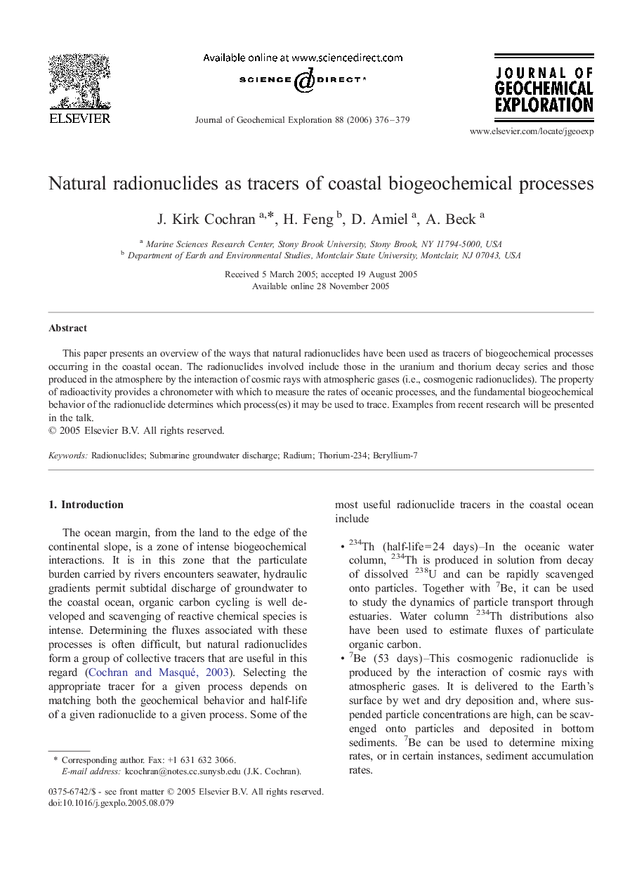 Natural radionuclides as tracers of coastal biogeochemical processes