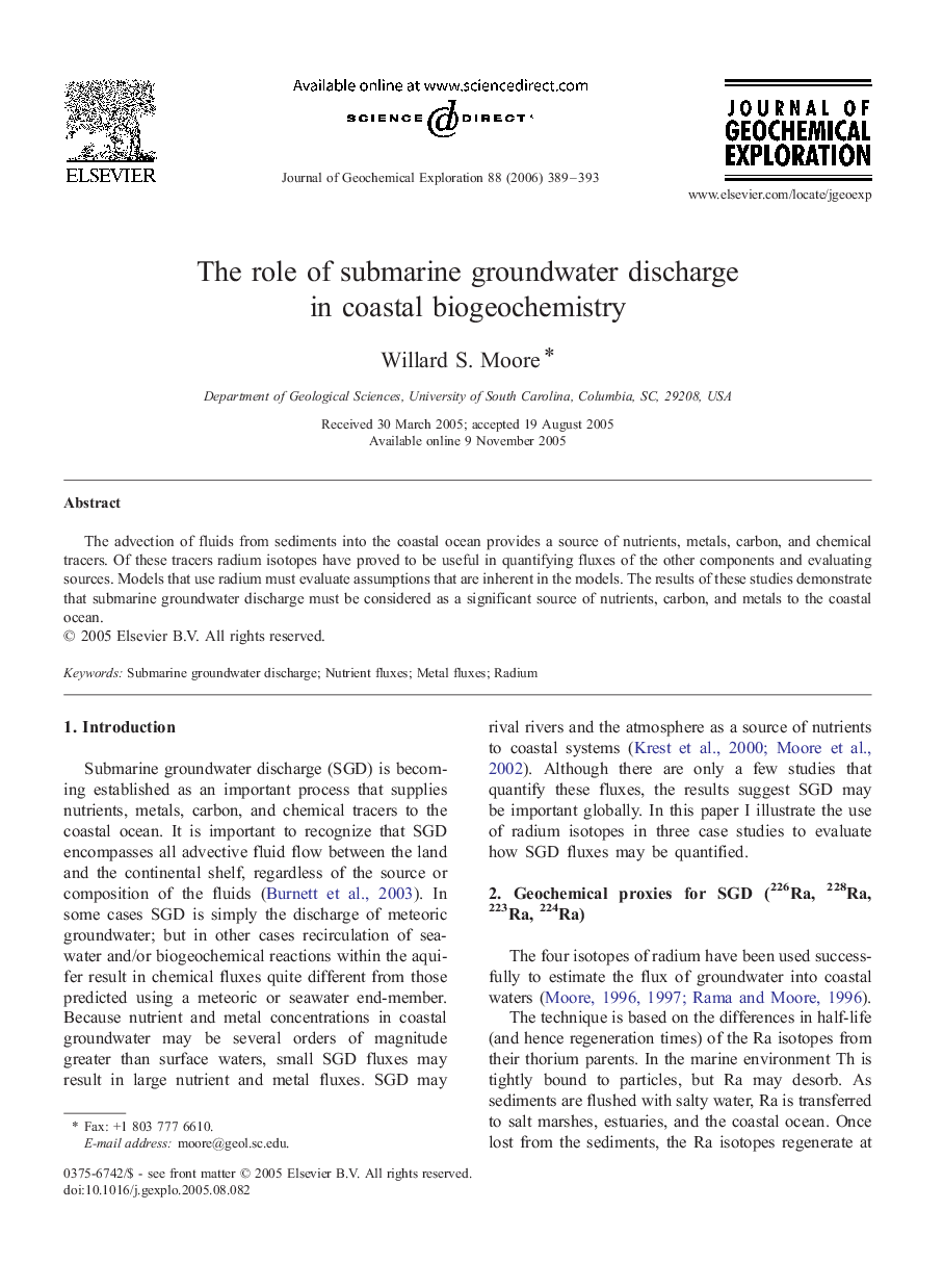 The role of submarine groundwater discharge in coastal biogeochemistry