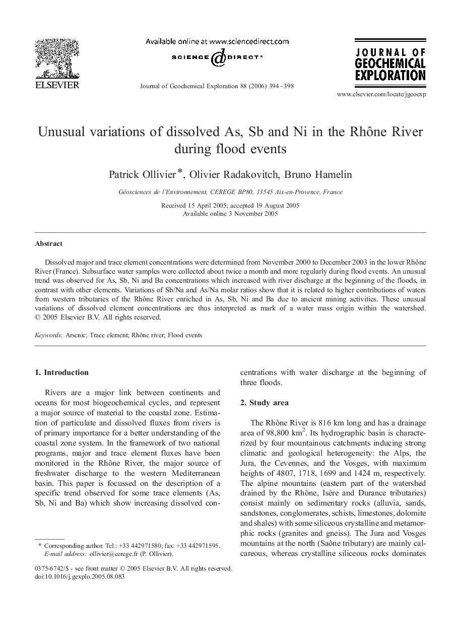 Unusual variations of dissolved As, Sb and Ni in the Rhône River during flood events