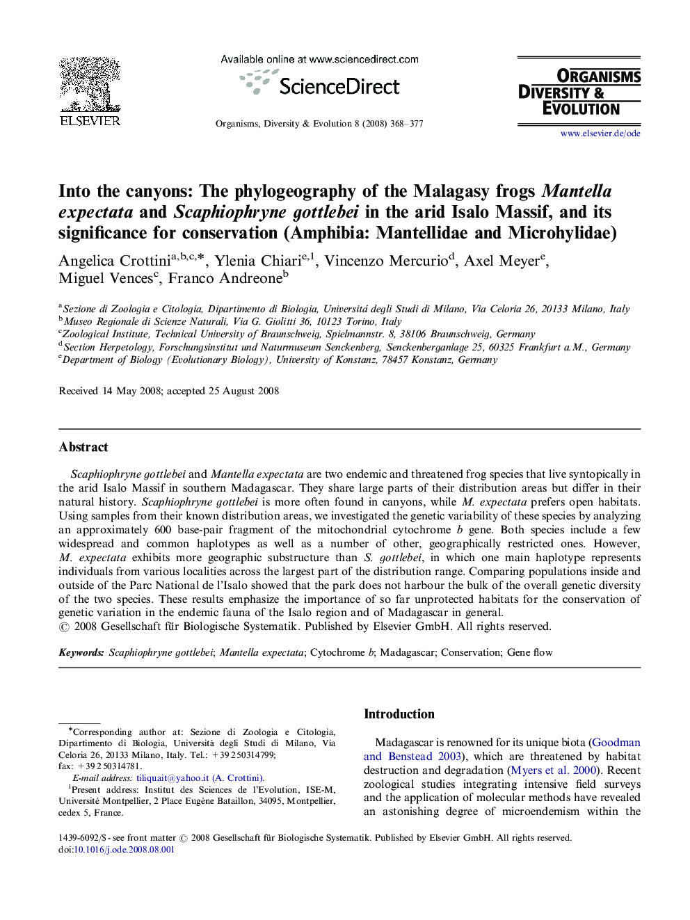 Into the canyons: The phylogeography of the Malagasy frogs Mantella expectata and Scaphiophryne gottlebei in the arid Isalo Massif, and its significance for conservation (Amphibia: Mantellidae and Microhylidae)