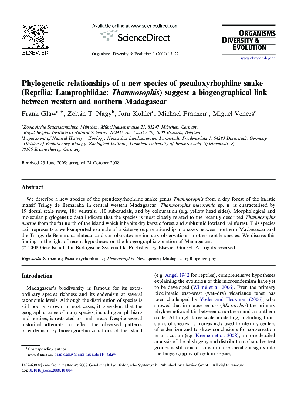 Phylogenetic relationships of a new species of pseudoxyrhophiine snake (Reptilia: Lamprophiidae: Thamnosophis) suggest a biogeographical link between western and northern Madagascar