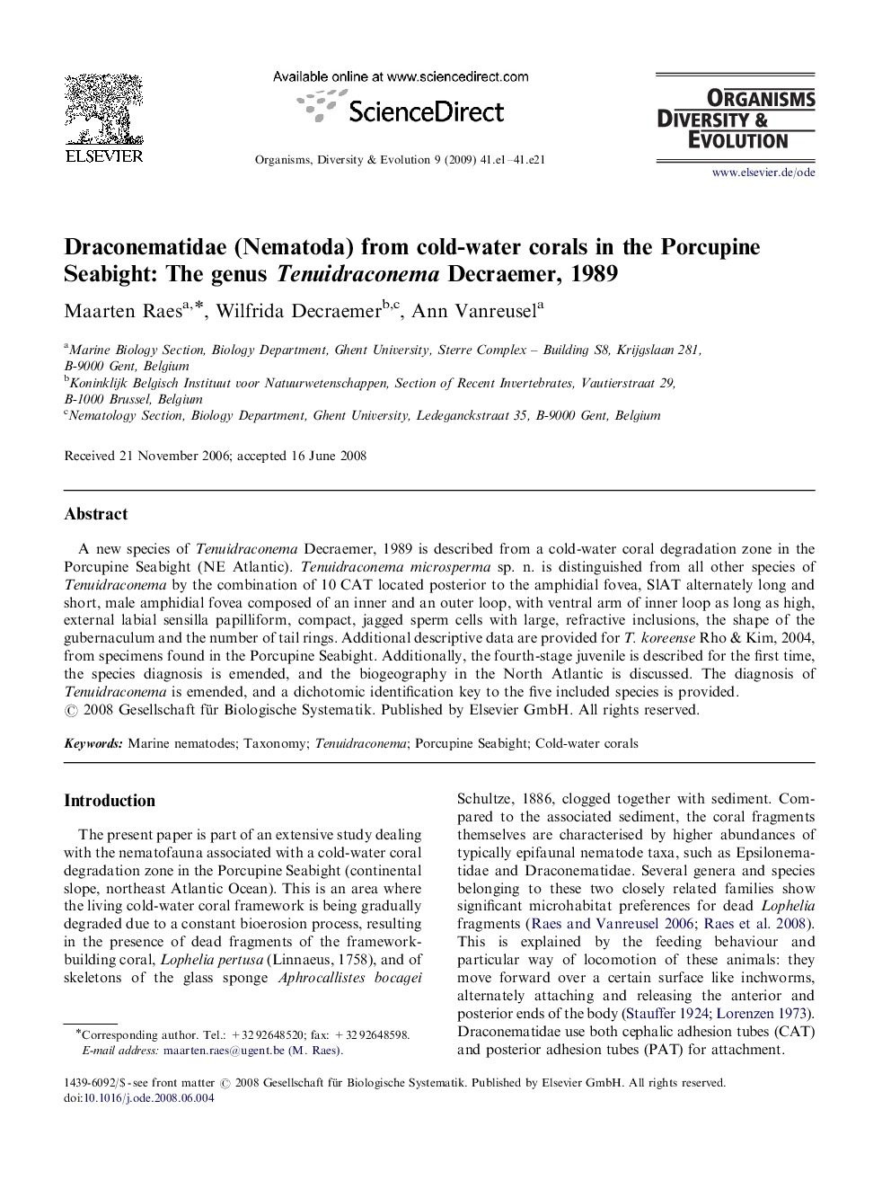 Draconematidae (Nematoda) from cold-water corals in the Porcupine Seabight: The genus Tenuidraconema Decraemer, 1989