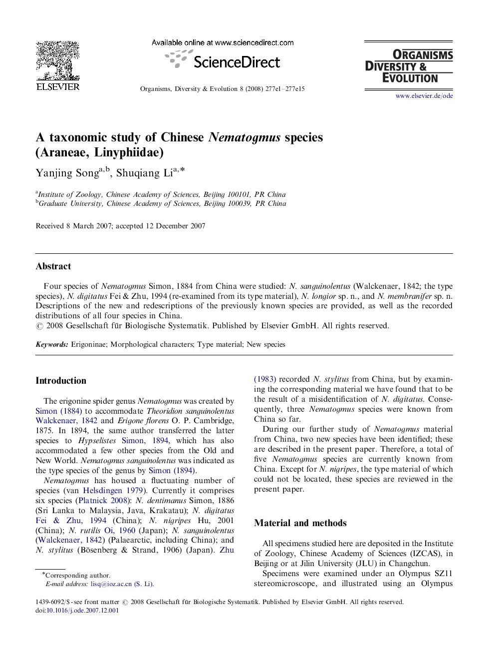 A taxonomic study of Chinese Nematogmus species (Araneae, Linyphiidae)