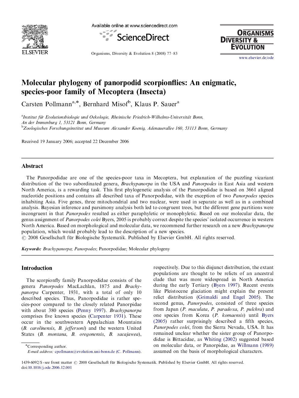 Molecular phylogeny of panorpodid scorpionflies: An enigmatic, species-poor family of Mecoptera (Insecta)