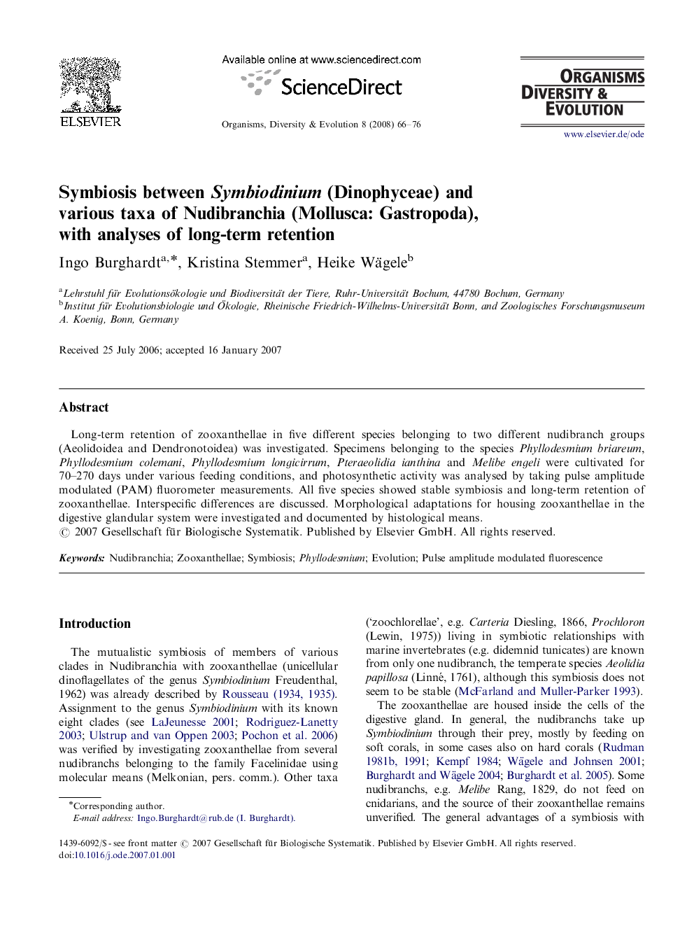 Symbiosis between Symbiodinium (Dinophyceae) and various taxa of Nudibranchia (Mollusca: Gastropoda), with analyses of long-term retention